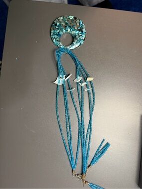 & Other Stories Teal Blue Beaded Necklace with Donut Pendant